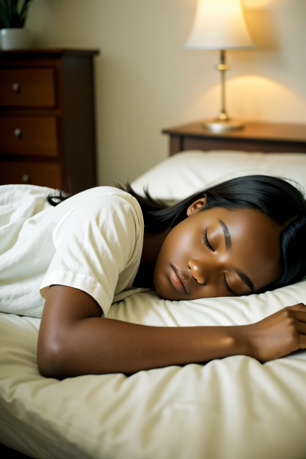 A peaceful image of a young girl, peacefully ((asleep)) in a cozy bed. She has a beautiful complexion with dark skin that radiates warmth and comfort. She is dressed comfortably in shorts, embracing a serene and relaxed atmosphere. The room is dimly lit, creating a soothing ambiance that enhances the tranquility of the scene.