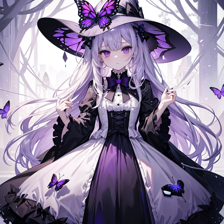 Perfect details, pale skin, full body like a medium-sized witch, butterfly element, silver hair, purple eyes, gradient color palace dress, Lolita dress, bow tie。clothes palette(Mainly lavender,Black and white supplemented)With a cool background, Garden Jixiu has long hair and cold tones all over her body.