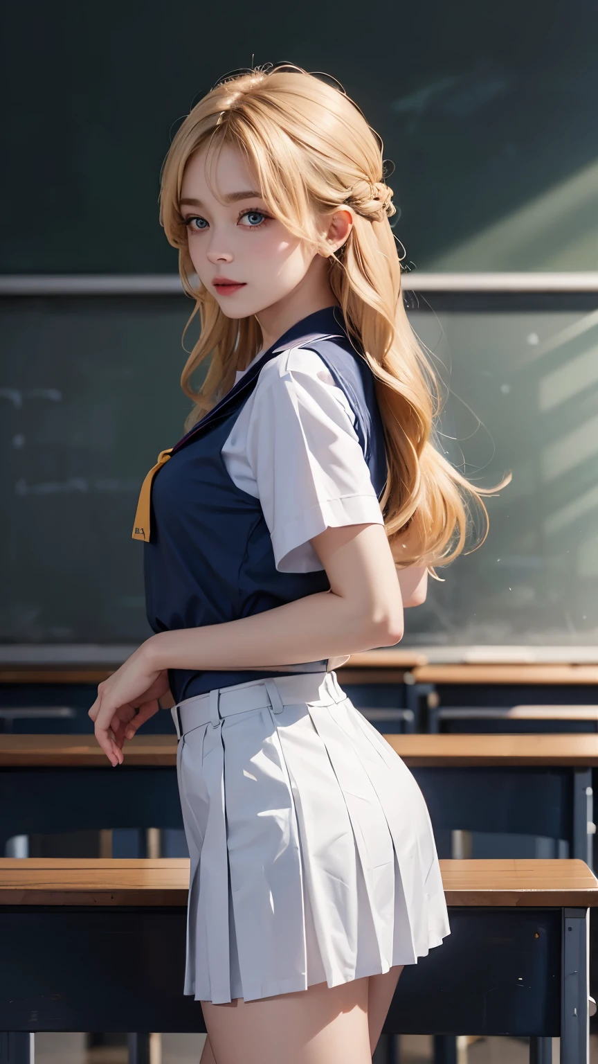 long blonde hair:1.8, beautiful woman, side、(Short Sleeve White Sailor School Uniform、Navy blue pleated skirt:1.5), Raised your ass:1.5,karate:1.5, very sexy, Ultimate picture quality, (school classroom:1.5), bright light、Cute face and beautiful ass:1.2, Tighten the waist、beautiful figure、 form、beautiful skin,blue eyes