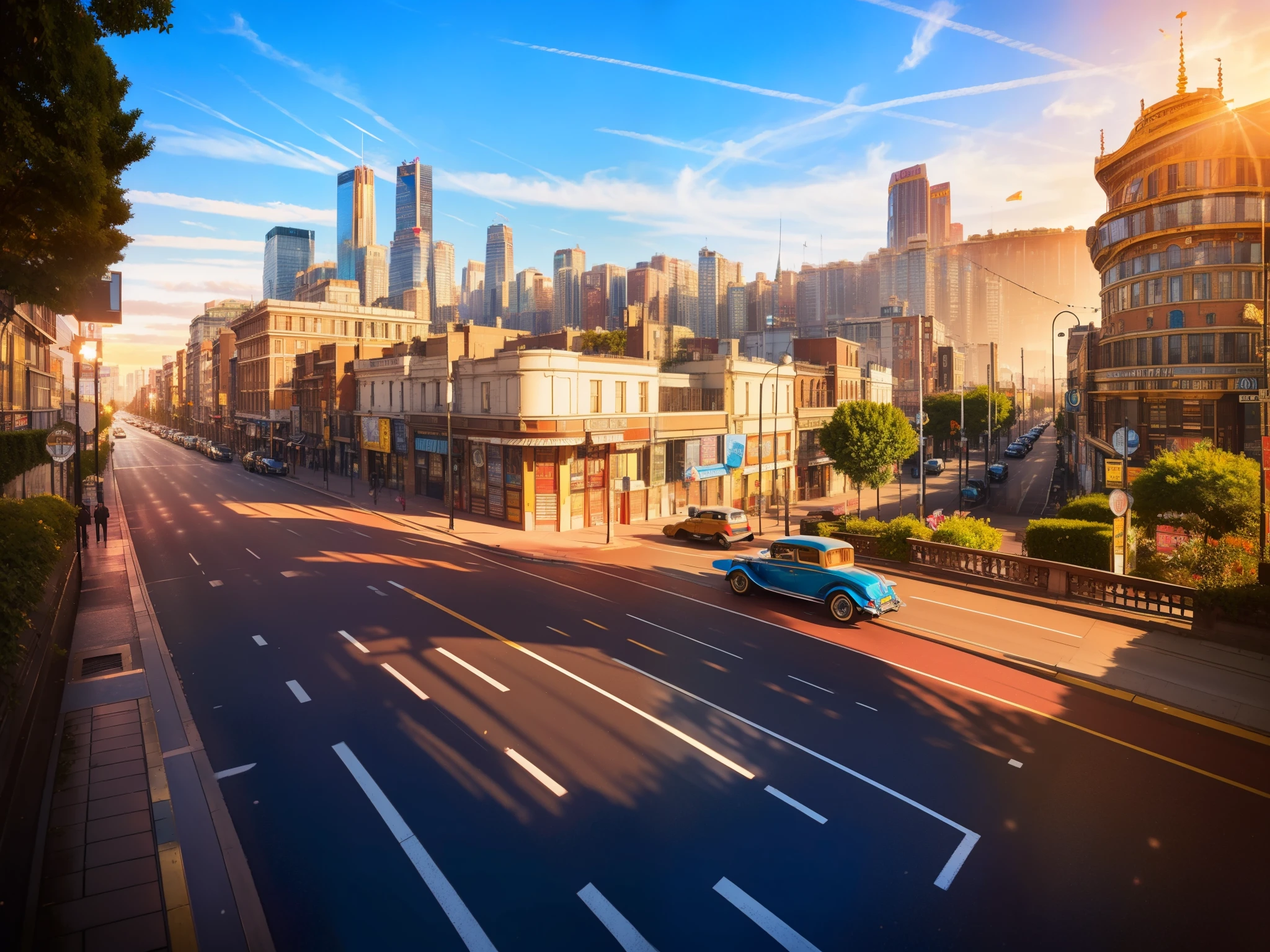 (8K, Best Quality, Masterpiece: 1.2), (Realistic illustration: 1.37), Super Detailed,(top-quality), (ultra-detailliert),High Resolution, BREAK A 1920s decopunk city at sunrise, with art deco buildings bathed in the golden light. Elegant, vintage cars cruise along the boulevards as the city awakens to a day of jazz and glamour ,(vintage cars:1.5)