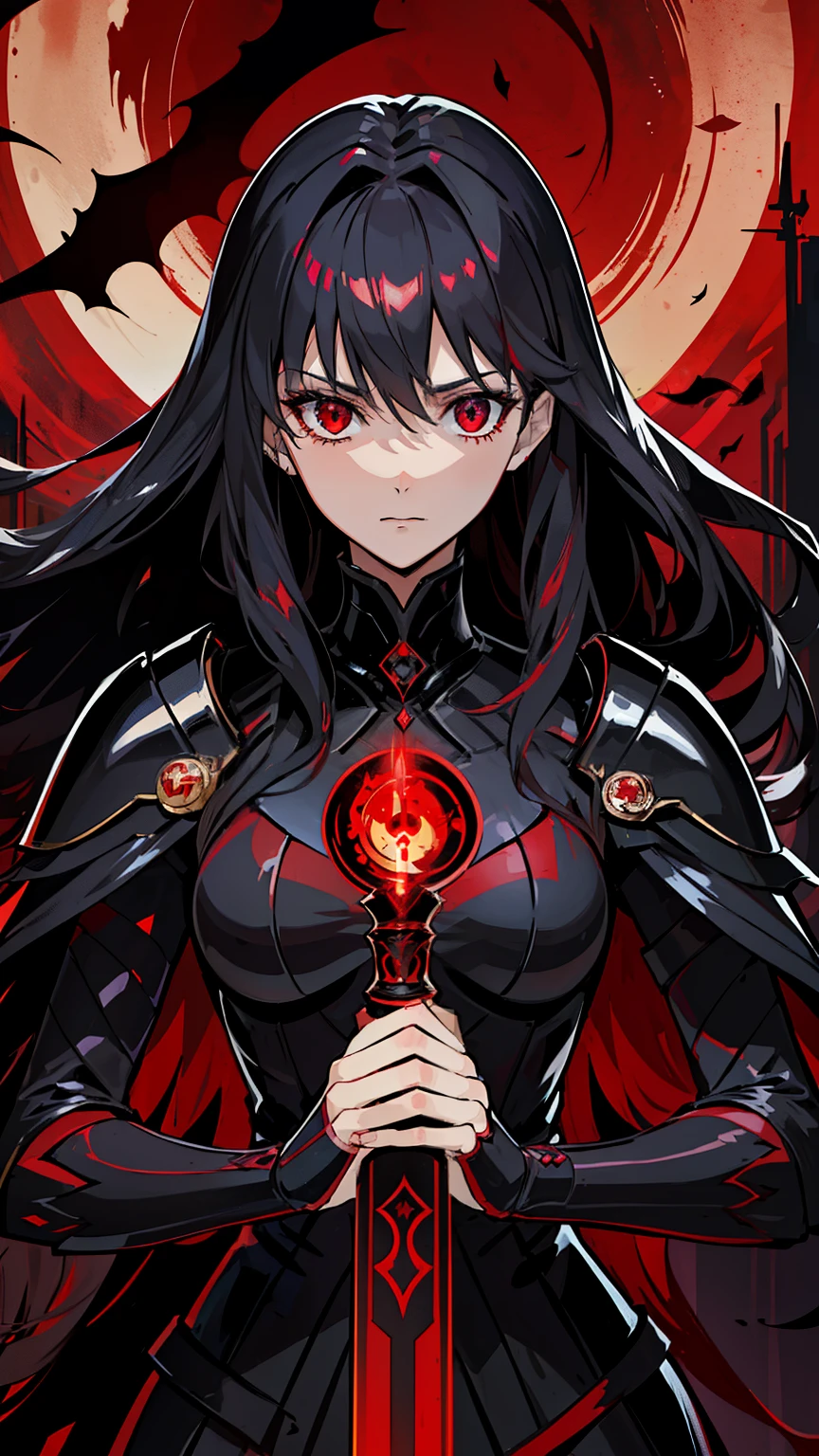 (high-quality, breathtaking),(expressive eyes, perfect face) 1female, girl , solo, young adult, long hair length, wavy curly hair, soft wave, black hair color, red highlights in hair, deep red eye color, background, music, smug expression, mature, dominant, haunting red background, armor, onyx black armor with red trim, midnight dark armor with red cracks engraved in the exterior, saber alter, alter saber fate stay night, corrupted theme, corrupted armor, red lines on armor, conquerer vibe, red markings on armor, slightly narrow eyes, evil queen, narrow beautiful eyes, queen chess piece, beautiful hair, detailed eyes
