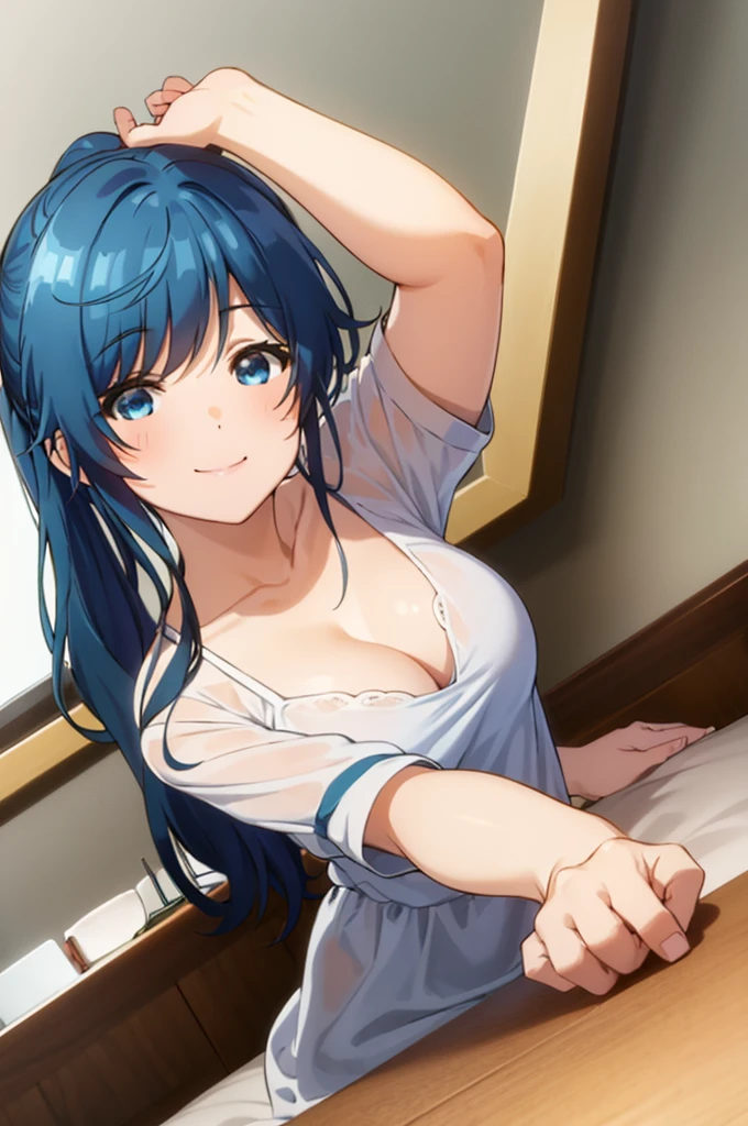 highest quality, (Masterpiece:1.2), detailed, 1girl、solo、smile、closed mouth、 blue hair、blue eyes、long hair、ponytail、big breasts nightdress、 BREAK SEE VIEWER、 valley、Bedroom、blush、sexy pose