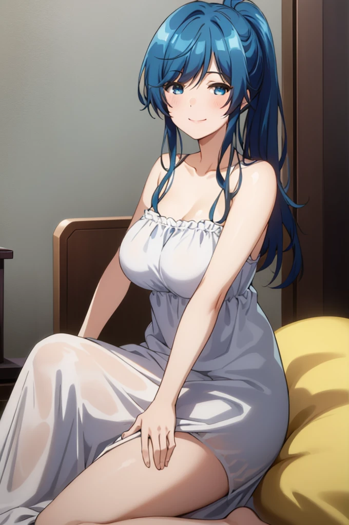 highest quality, (Masterpiece:1.2), detailed, 1girl、solo、smile、closed mouth、 blue hair、blue eyes、long hair、ponytail、big breasts nightdress、 BREAK SEE VIEWER、 valley、Bedroom、blush、sexy pose