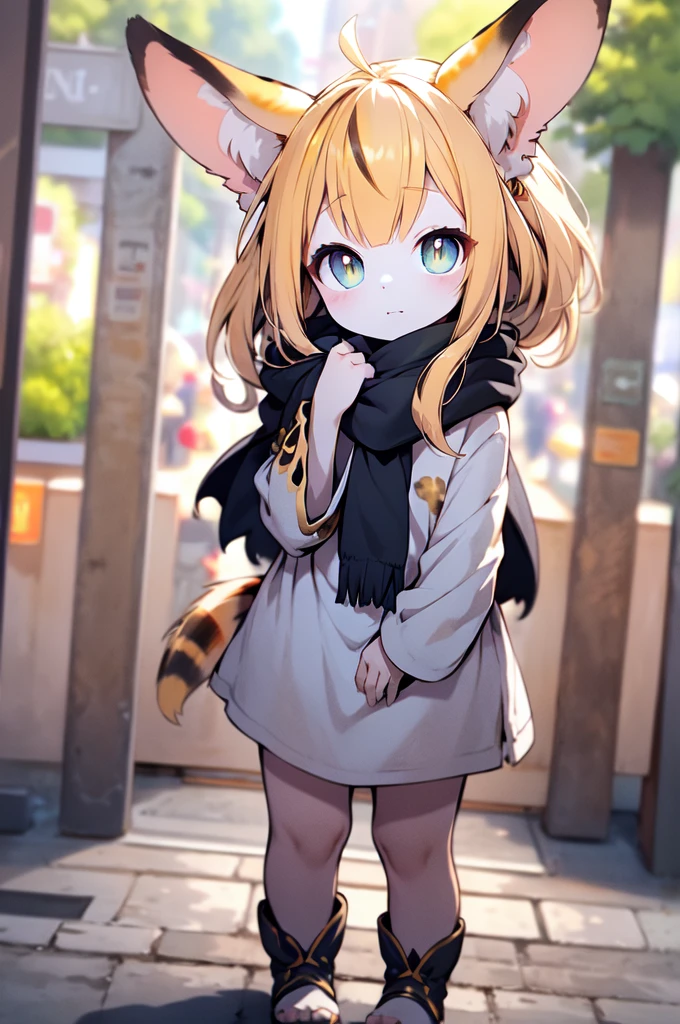 {best quality}, {{masterpiece}}, {highres}, {{depth of field}}, (hlfcol haired girl with yellow and black hair), solo, sharp focus,{{{character{{{1 girl}}}}}}, solo, light smile, closed mouth, beautiful detailed eyes, blue eyes, {{{{{looking at viewer}}}}},{{{{{sharp focus}}}}}, full body, normal angle, medium hair, pixie cut, {{{wind blowing}}}, hime cut, straight short bangs, {{beautiful detailed eyelashes}}, contracted pupils, slitted pupils, cat's eyes, fang, serval ears, serval tail, {{tribal clothing}}, {{wing scarf}}, outdoors, final fantasy xiv, {{{pov}}}