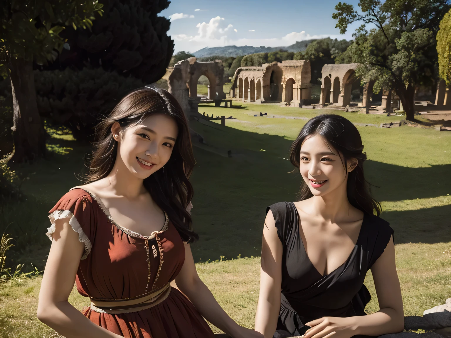 Ancient Roman ruins,Poussin-style landscape,A smile,,Sweet and seductive appearance.、Caravaggio's paintings、Chiaroscuro of Caravaggio、Hair disheveled in the wind,Two women frolicking,Cute smile, Expression of ecstasy,A sexy,Erotic