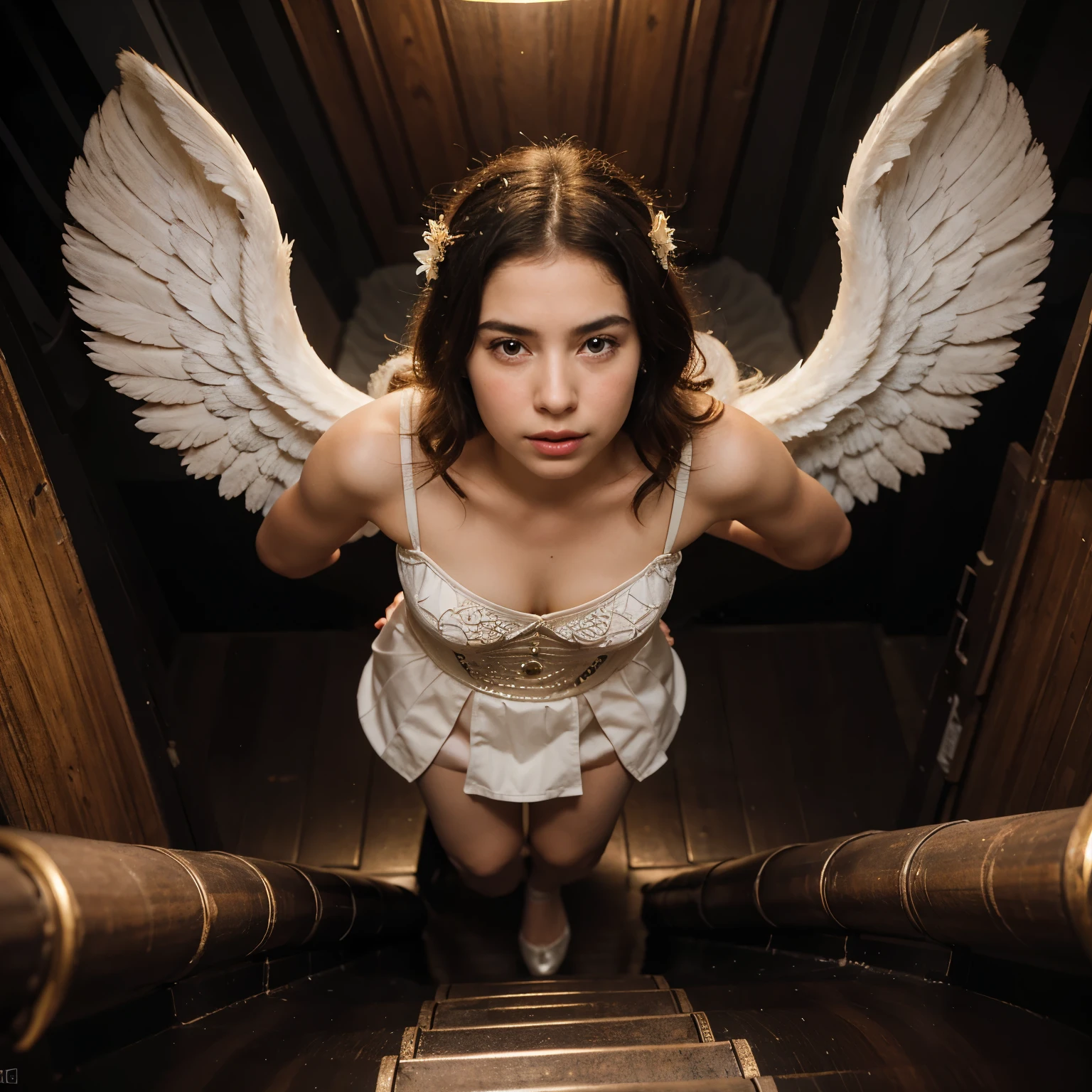 create a Renaissance painting-style image of an angel holding a  under the air, segurando uma arma pronto para defende-la