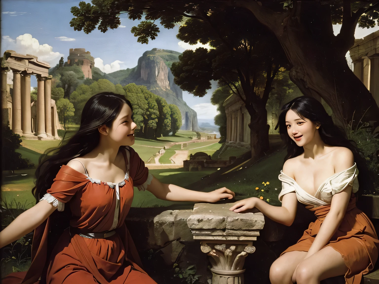 Ancient Roman ruins,Poussin-style landscape,laughter,,Sweet and seductive appearance.、Caravaggio's paintings、Chiaroscuro of Caravaggio、hair tousled by the wind,Two women frolicking,cute smile, expression of ecstasy,Sexy,erotic