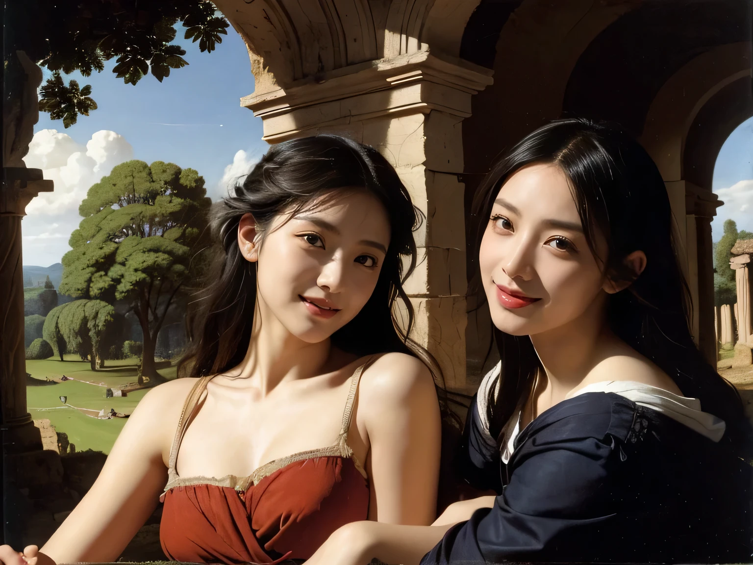 Ancient Roman ruins,Poussin-style landscape,A smile,,Sweet and seductive appearance.、Caravaggio's paintings、Chiaroscuro of Caravaggio、Hair disheveled in the wind,Two women frolicking,Cute smile, Expression of ecstasy,A sexy,Erotic