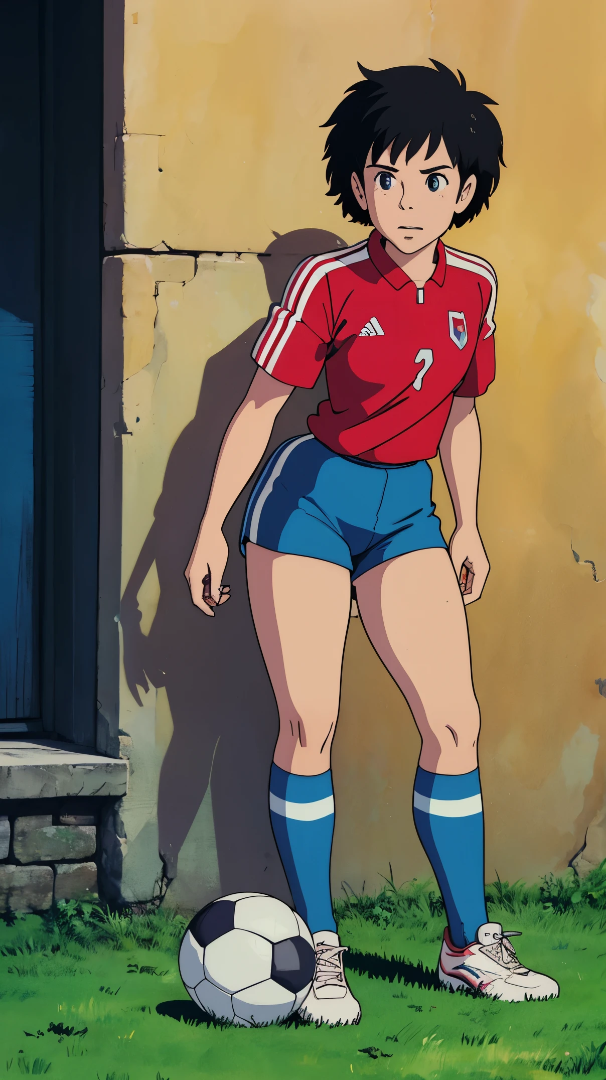 Female, Turkish, 1980’s Black hair, Short hair, wet messy hair, National team, Soccer Uniform, soccer shorts, knee socks, shinguards, soccer shoes, wallpaper, Midfielder  portrait, average height, soccer field 