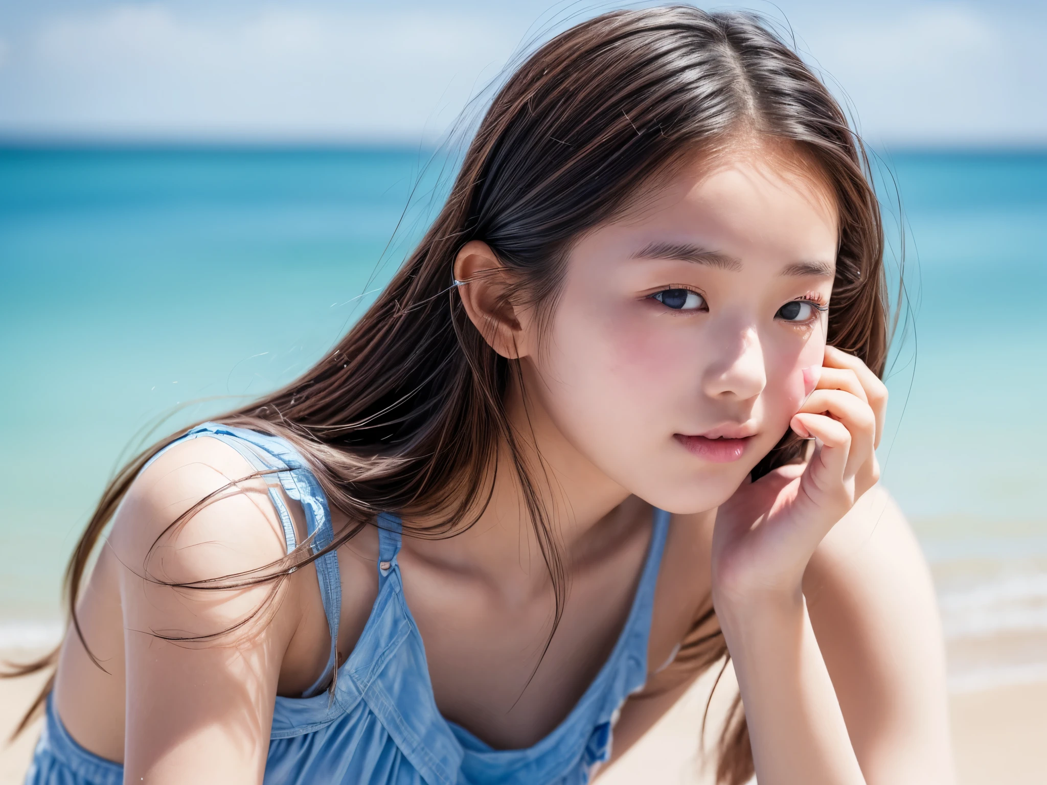 (Top Quality, 4K, High Resolution, masterpiece:1.2),  at the beach, having her friend apply sunscreen cream