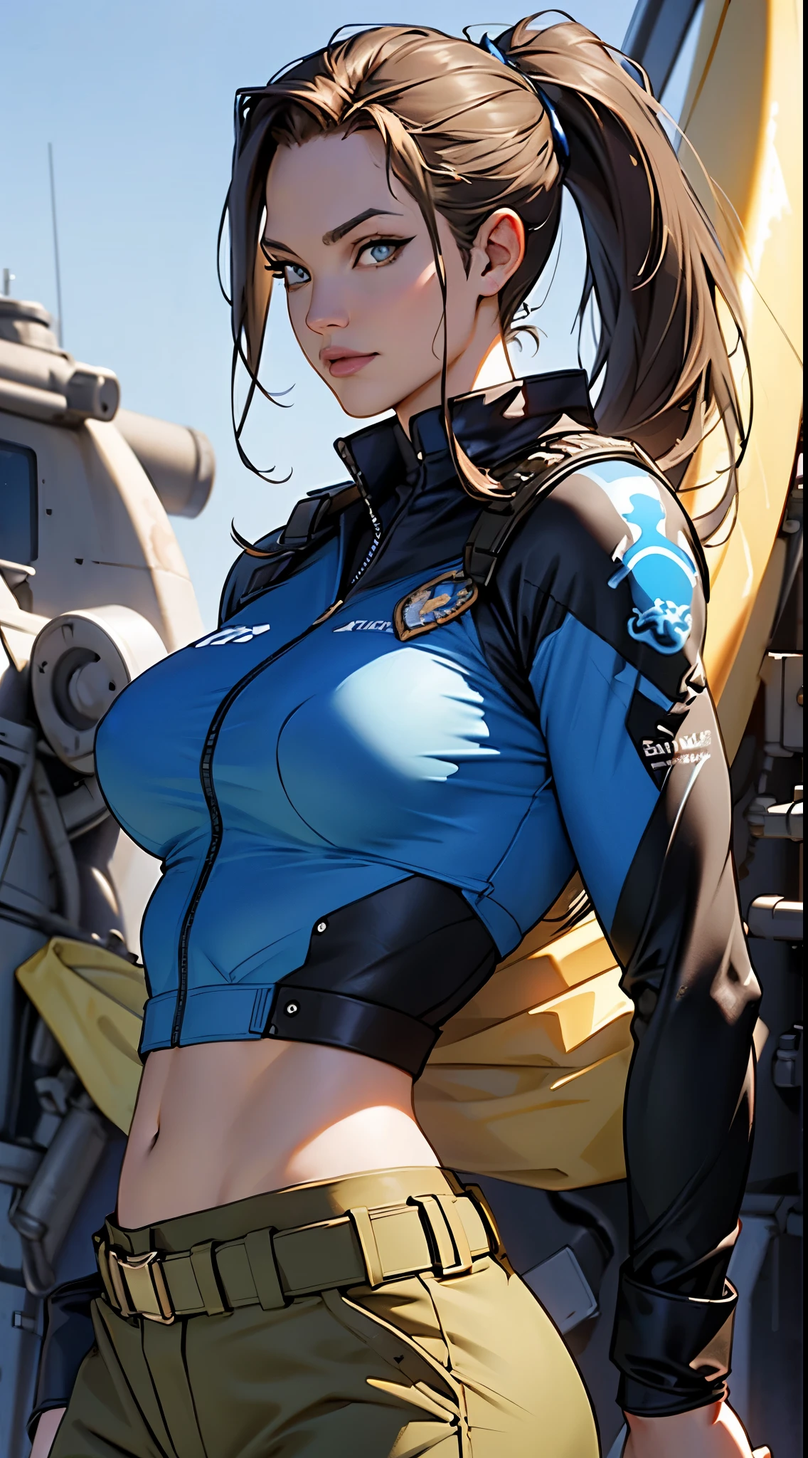 Angelina Jolie character, face detailed, mature woman, marine uniform (totally blue colors), major rank, brown hair, yellow eyes(honey color), delicate figure, female body, naval setting, marine pants (camouflage), marine medals, marine field, intimidating posture, military posture (body). Closeup image.