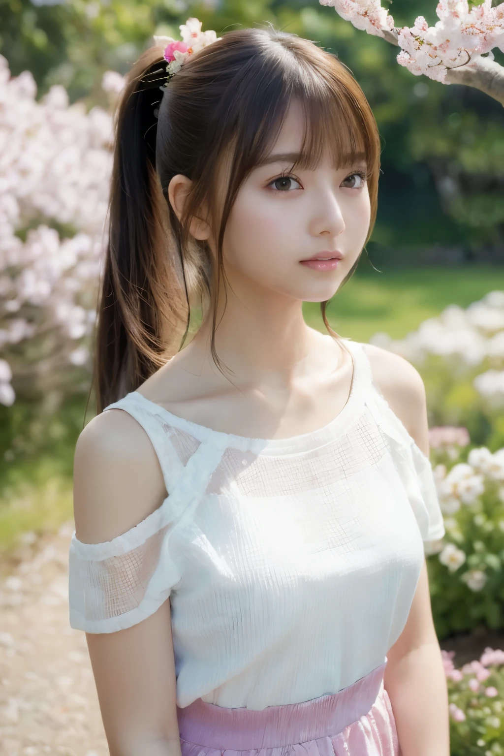 (highest quality,4K,High resolution,masterpiece:1.2),super detailed,Physically based rendering,Professional,Bright colors,portrait,soft lighting,warm tones,innocent smile,rosy cheeks,ponytail hairstyle、off shoulder top,summer,transparent white clothes,return,gentle lighting、Cherry blossoms scattering、In a spring-like flower garden