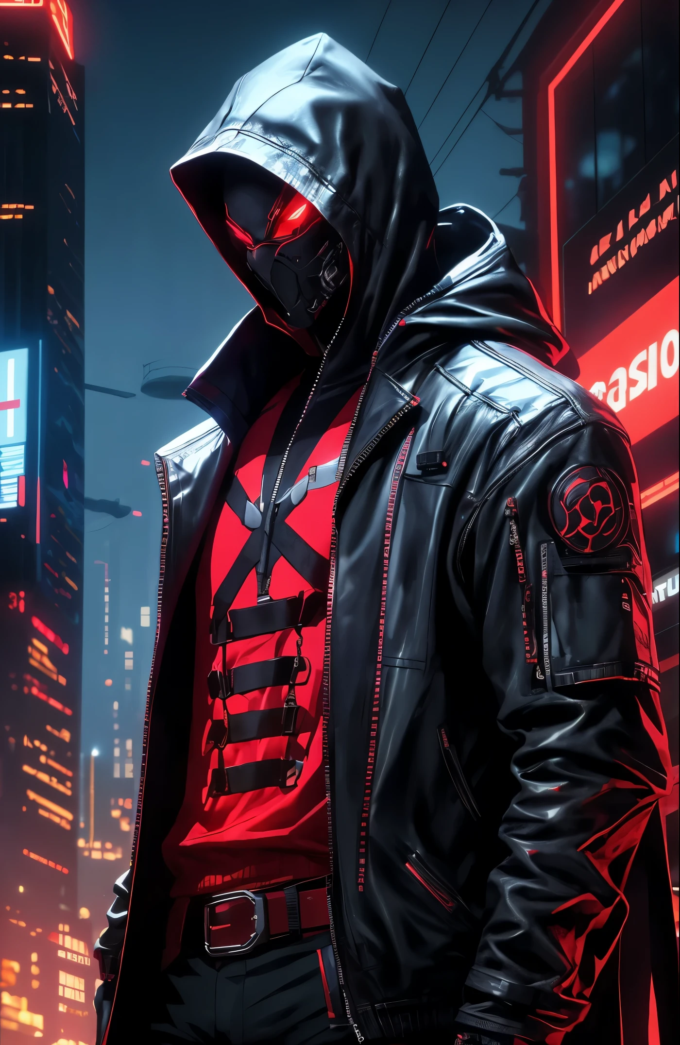 a man in a colorful jacket and black pants standing in a dark room, wearing dark cult cloak, red eyes, dark colors costume, Mortal Kombat Character, like a character in Tekken, fighting game character, cyberpunk assassin, wizard with black hood, clothes cyberpunk, dark clothes, The black ninja, wearing leather assassin armor, an edgy teenage assassin, cool dark jacket, cyberpunk street henchman