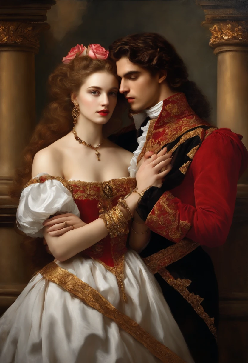 ((Baroque style painting of a beautiful couple)) earrings and bracelets, beautiful and sensual young people, lascivious and mischievous face, dressed in red, black and gold clothes in the style of the Victorian Era, clear eyes, sexy and shapely mouth, long, silky hair falling over her shoulders, ((looking at the camera)), ((Hugging each other in a garden with flowers and Greek columns)). Baroque painting