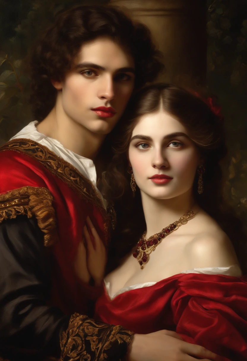 ((Baroque style painting of a beautiful couple)) earrings and bracelets, beautiful and sensual young people, lascivious and mischievous face, dressed in red, black and gold clothes in the style of the Victorian Era, clear eyes, sexy and shapely mouth, long, silky hair falling over her shoulders, ((looking at the camera)), ((Hugging each other in a garden with flowers and Greek columns)). Baroque painting