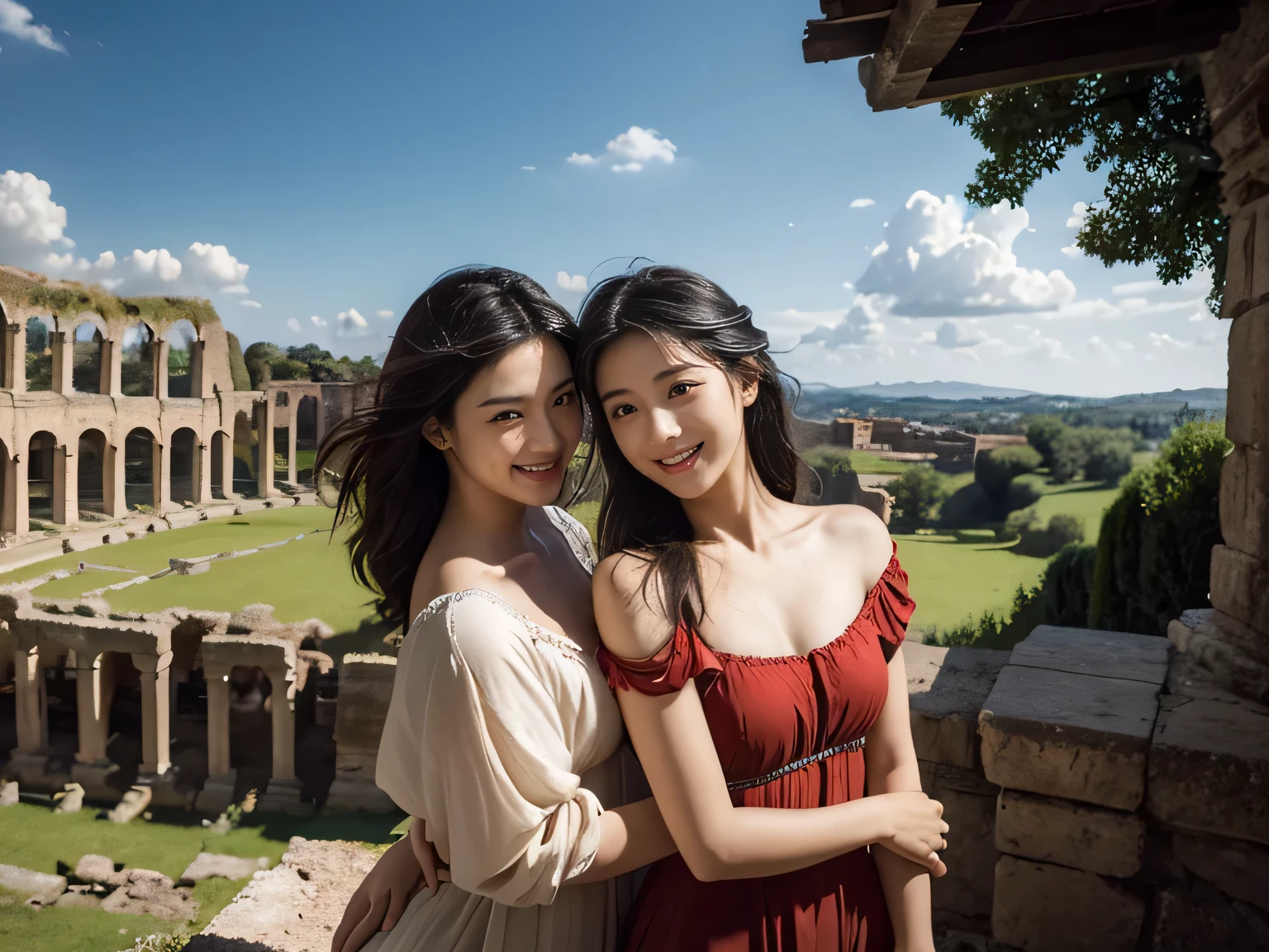 Ancient Roman ruins,Poussin-style landscape,A smile,,Sweet and seductive appearance.、Caravaggio's paintings、Chiaroscuro of Caravaggio、Hair disheveled in the wind,Two women frolicking,Cute smile, Expression of ecstasy,A sexy,Erotic
