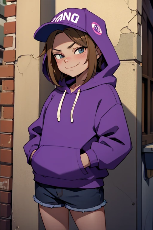 bratty  girl, tomboy, cap, hoodie, smug smirk, alley