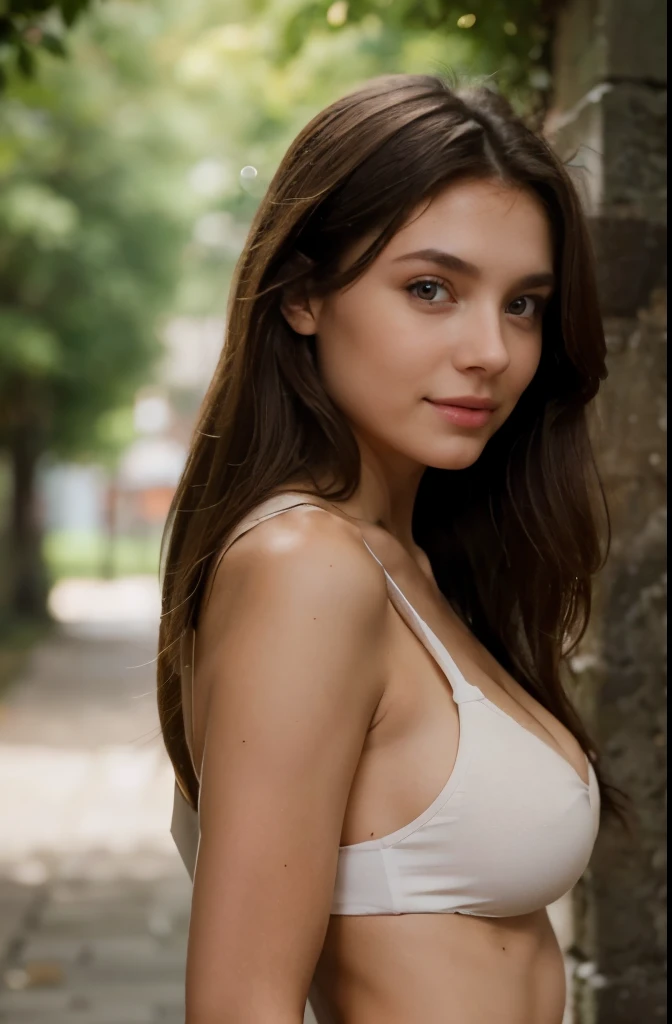 photo of Full-length of a 20-year-old woman standing confidently, Sexy smile, petite body, medium to large breasts the portrait captures the essence of Yuliya Snigir, sexy white dress, very short dress, showing butt, outside, with hazel eyes, ultra-realistic details, and meticulous attention to detail, showcasing her long brown hair and hazel eyes presents a natural look without makeup The stunning full-body image highlights her petite frame, with medium to large-sized bust and medium lips. Natural breasts ((Full Body photo))