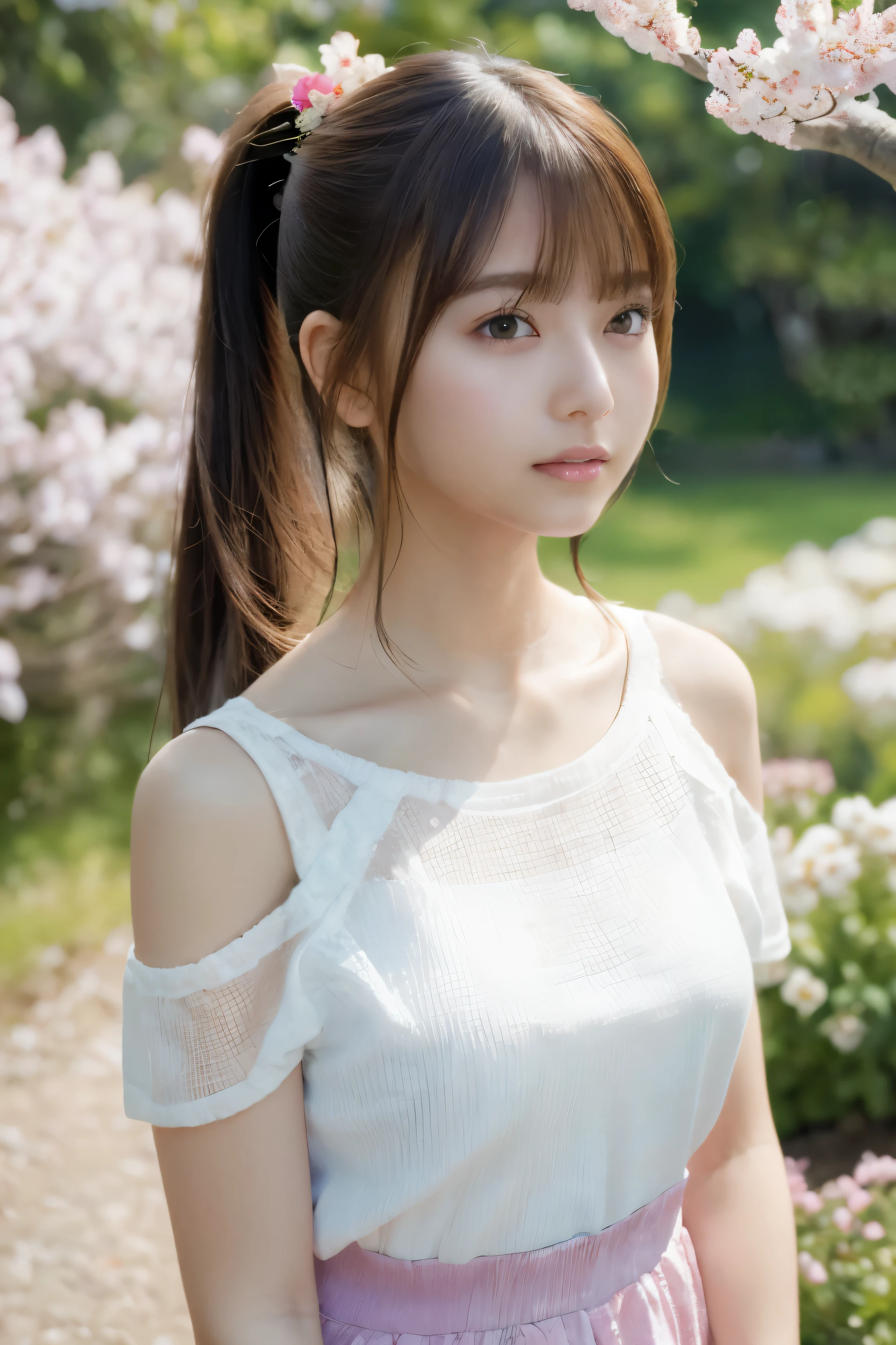 (highest quality,4K,High resolution,masterpiece:1.2),Super detailed,Physically based rendering,Professional,bright colors,portrait,soft lighting,warm tones,innocent smile,rosy cheeks,ponytail hairstyle、off shoulder top,summer,transparent white clothes,return,gentle lighting、Cherry blossoms fall、In a spring-like flower garden