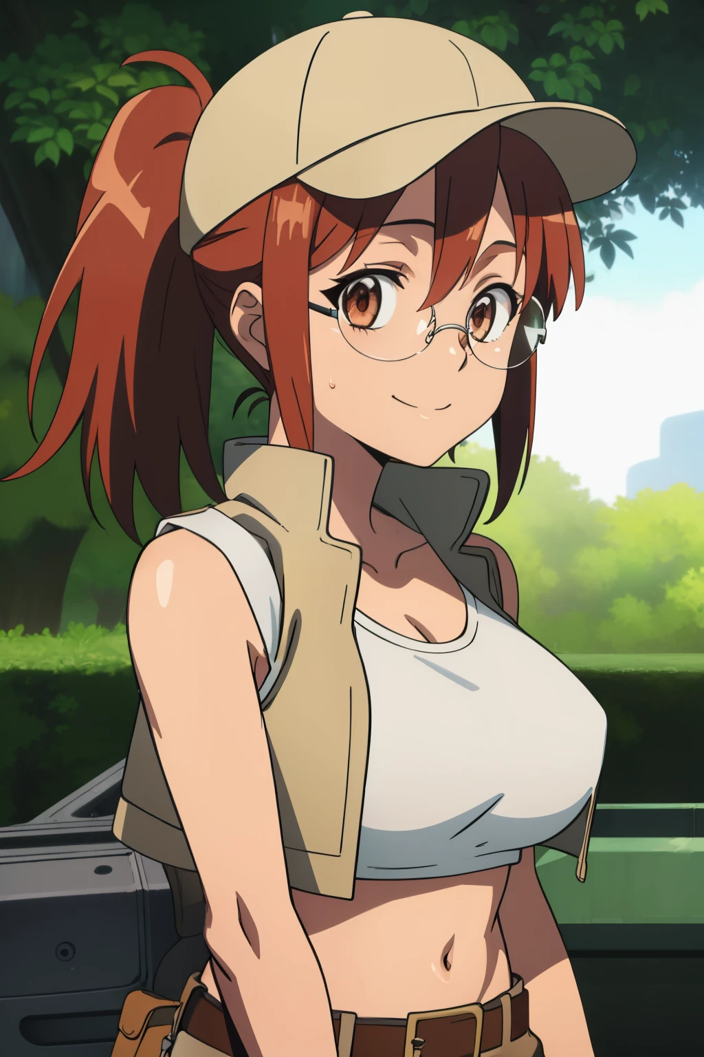 (masterpiece, best quality:1.2),illustration,8k,hd,1girl,solo,upper body,(portrait:1.2),large breasts,round eyewear,hat,crop top,midriff,gloves,navel,baseball cap,knee pads,short shorts,ponytail,boots,brown eyes,brown shorts,belt,smile, pack,brown headwear,red hair,hip vent,tank top,long hair,vest,huge breasts, upper body,outdoors, ((glasses 1.2))