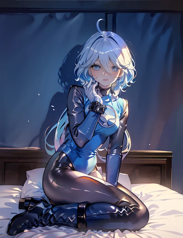 highest quality,sleep on your back in bed，Crab crotch，show me your boots，thigh high boots，leotardチラ見せ，glove，elegant, 1 girl, leotard，body suit，cute, blushed, looking at the viewer, from below, prison，blue eyes, beautiful eyes, beautiful background, particles of light, Light of the sun, dramatic lighting, outside, shiny, realistic, table top, highest quality, Super detailed, get used to it, scenery, beautiful and detailed eyes, thin hair，full body shot，