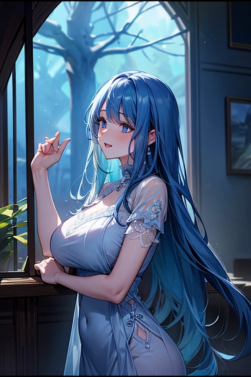 (highest quality, 8K, 32K, masterpiece, UHD: 1.3), 1 female, (Oversized: 1.3), perfect figure, super detailed face, detailed lips, fine eyes, (attractive), ((excited: 1.5)), (transparent cloth)) 、(((Transparent dress)))、see-through dresses、lace sheer dress、Transparent dress、Sheer skin、Transparent dressを着た美しい?の女性、solo、best style、big breasts、The most beautiful in the world、unparalleled beauty、long hair、There is a big window.、You can enjoy the view of the forest, high-end hot spring, Large window to the forest at night, Indigo forest, Empty bathhouse hidden in a cave, hot spring、beautiful render of a fairytale, magical atmosphere + masterpiece, so magical and dreamy, magical colors and atmosphere, Blue lighting. fantasy, fantasy gorgeous lighting, concept art stunning atmosphere, magical environment, magical blue color and atmosphere, beautiful concept art, dark majestic ornate great hall, inside the palace、blue water辺、blue water、blue reflection、Cyan color、in the blue water、soak in blue water