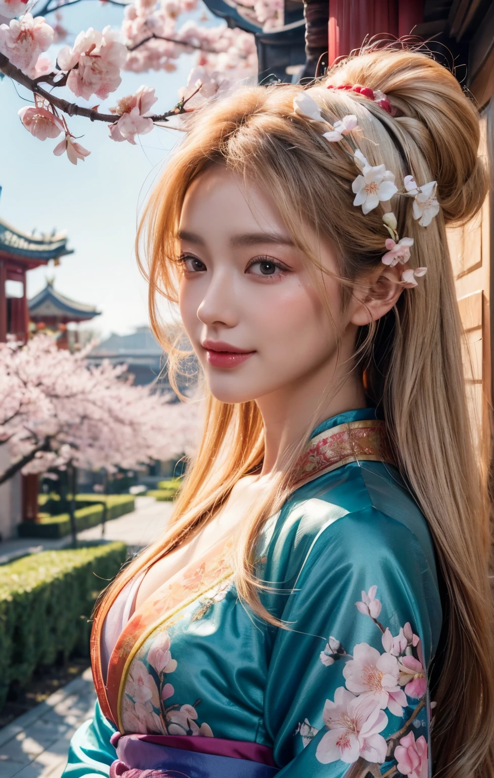 (best quality, 4k, 8k, highres, masterpiece:1.2), ultra-detailed, realistic:1.37, girl, updo hairstyle, light hair color, wearing Hanfu, standing under a cherry blossom tree, cherry blossom forest, cherry blossoms floating in the air, delicate facial features, clear facial characteristics, optimized details, high definition, 8k