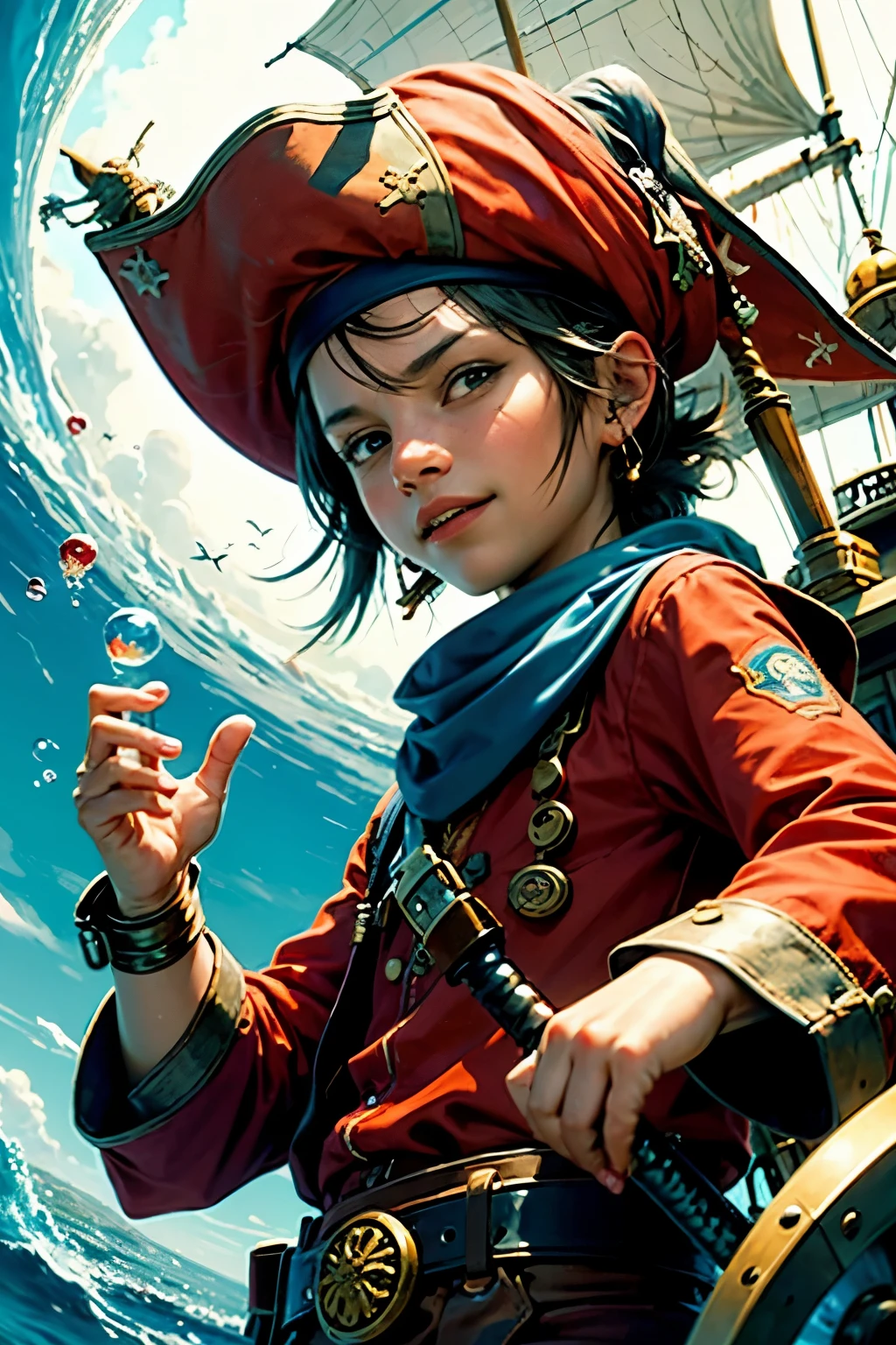 (Top Quality, HD animation), Kid pirate on an adventure, Cheerful and mischievous cartoon character, Wearing a classic pirate hat and bandana, Sailing on a colorful and intricately designed pirate ship, Surrounded by a lively and animated crew, Searching for treasure in enchanting and exotic locations, Blowing bubbles from a red, white, and blue pirate's pipe, Waving a toy sword and parrot, Detailed facial expression and body language, Smooth and fluid animation, Engaging and entertaining storyline.