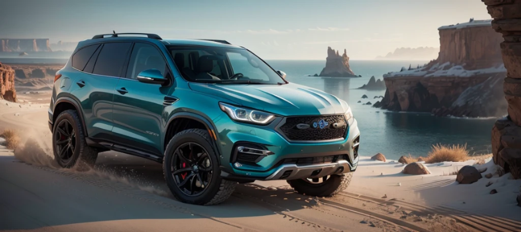 Embark on an exhilarating journey into the realm of automotive marvels with this detailed prompt: "Envision an extraordinary SUV set against a breathtaking, dramatic-epic backdrop. Imagine a commanding and futuristic SUV featuring a captivating biometric-inspired design. Picture a glossy, shining, smooth exterior with a high-tech, cybernetic aesthetic in striking green, black, and blue hues. Challenge designers to seamlessly incorporate advanced glowing features, intricate muscular curves, sharp aerodynamic elements, and a flawless streamlined body, creating an SUV that exudes power and sophistication. Set the scene against a cinematic backdrop, emphasizing the SUV's full-body high-tech design, rugged tires, and infusing the composition with the intensity of a dramatic-epic landscape. Encourage designers to craft a visually striking and meticulously detailed SUV masterpiece, capturing the perfect synergy of futuristic aesthetics and off-road prowess. Imagine a perfect high-tech finish, detailed curves, robust aerodynamics, and a design that commands attention, embodying the spirit of an amazing SUV in a truly epic setting."