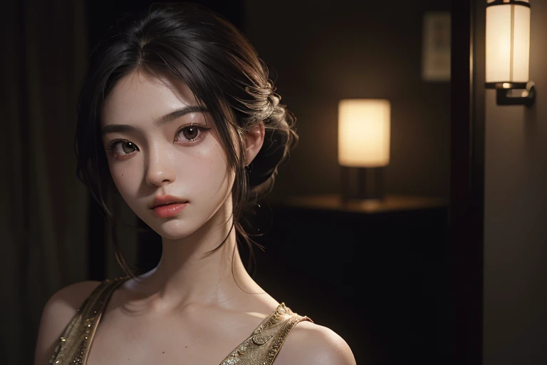 (8K, RAW Photo, Best Quality: 1.2), (Realistic, Photogenic: 1.37), (Four Japanese Super Beauties), (30s, slender, perfect figure), (Super Detailed Face)
One Japanese super beauty, around 30 years old, possesses a slender and perfect figure. Her tight abs are accentuated by her chosen attire, wearing a professional dark lighting setup that highlights every detail. The photon mapping adds a natural glow to her super-detailed skin, making every pore and texture pop.
Her messy brown hair cascades down her shoulders, blending seamlessly with the setting. The super-