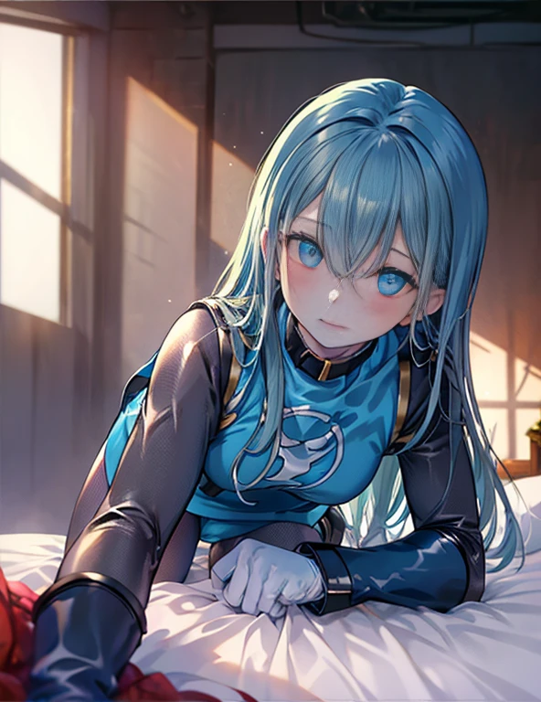 highest quality,sleep on your back in bed，Crab crotch，show me your boots，thigh high boots，leotardチラ見せ，glove，elegant, 1 girl, leotard，body suit，cute, blushed, looking at the viewer, from below, prison，blue eyes, beautiful eyes, beautiful background, particles of light, Light of the sun, dramatic lighting, outside, shiny, realistic, table top, highest quality, Super detailed, get used to it, scenery, beautiful and detailed eyes, thin hair，full body shot，