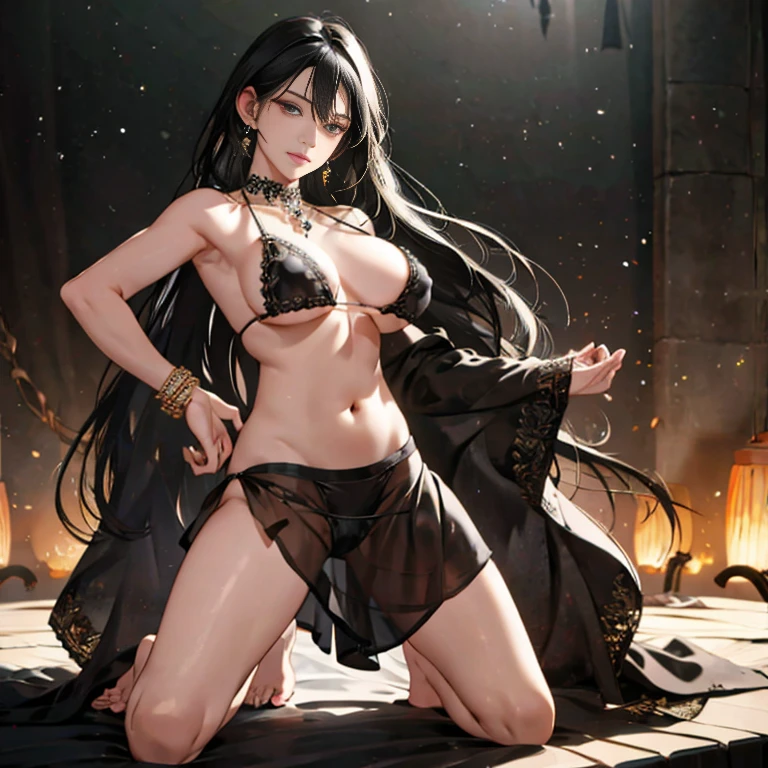 (A desert:1 girl with black hair,Western Region Dancer,Kneeling pose), tmasterpiece, best qualtiy, RAW photogr, realisticlying, the face, Incredibly Ridiculous res,, ear studs, (flowing long black hair),eye shadows,Bracelet,head chain,A wide variety of intricate jewelry,Collar,foot ring,Western-style bikini clothing,nipple tassels,Tulle skirt,The barefoot,depth of fields, A high resolution, ultra - detailed, filigree, RAWE is very detailed, very detailed eyes and faces, Sharp pupils, realistic pupil, tack sharp focus, cinmatic lighting,full bodyesbian,Bigboobs,long leges,From the front side,banquet,dynamicposes,Normal posture,closeup of face