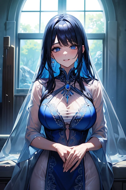 (highest quality, 8K, 32K, masterpiece, UHD: 1.3), 1 female, (Oversized: 1.3), perfect figure, super detailed face, detailed lips, fine eyes, (attractive), ((excited: 1.5)), (Sheer skin)) 、((((Transparent see-through dress))))、see-through dresses、lace sheer dress、Transparent dress、Sheer skin、Transparent dressを着た美しい裸の女性、solo、best style、big breasts、The most beautiful in the world、unparalleled beauty、long hair、 Indigo forest, empty bathhouse,、beautiful render of a fairytale, magical atmosphere + masterpiece, so magical and dreamy, magical colors and atmosphere, Blue lighting. fantasy, fantasy gorgeous lighting, concept art stunning atmosphere, magical environment, magical blue color and atmosphere, beautiful concept art, dark majestic ornate great hall, inside the palace、blue water辺、blue water、blue reflection、Cyan color、get wet in blue water、Blue light、Blue Grotto、Blue World