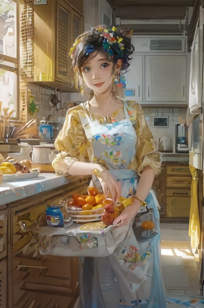 a housewife, yueqing, kitchen. joy, tranquility, homely, loving environment, high details, super detail, highres, Super high saturation, bright and vivid colors, (best quality, masterpiece, Representative work, official art, Professional, 8k)