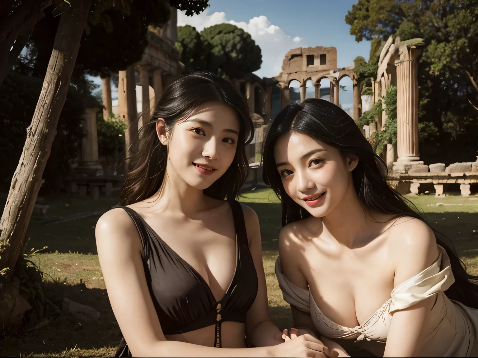 Ancient Roman ruins,Poussin-style landscape,A smile,,Sweet and seductive appearance.、Caravaggio's paintings、Chiaroscuro of Caravaggio、Hair disheveled in the wind,Two women frolicking,Cute smile, Expression of ecstasy,A sexy,Erotic