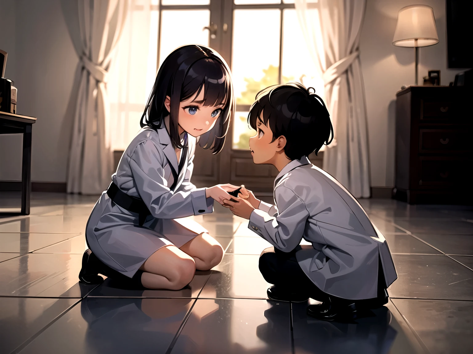 two little girl, two little boy, Marble floor, examination gown