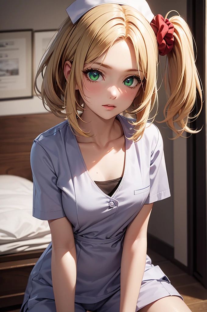 1 girl, fgomordred, modred, (green eyes:1.5), blonde hair, ponytail, short hair, scrunchie, red scrunchie, hair scrunchie, (small chest:1.2), BREAK blonde hair, white nurse,nurse, stading, BREAK looking at viewer, BREAK bedroom, BREAK (masterpiece:1.2), best quality, high resolution , unity 8k wallpaper, (artwork: 0.8), (beautiful detailed eyes: 1.6), extremely detailed face, perfect lighting, extremely detailed CG (perfect hands, perfect anatomy),nurse