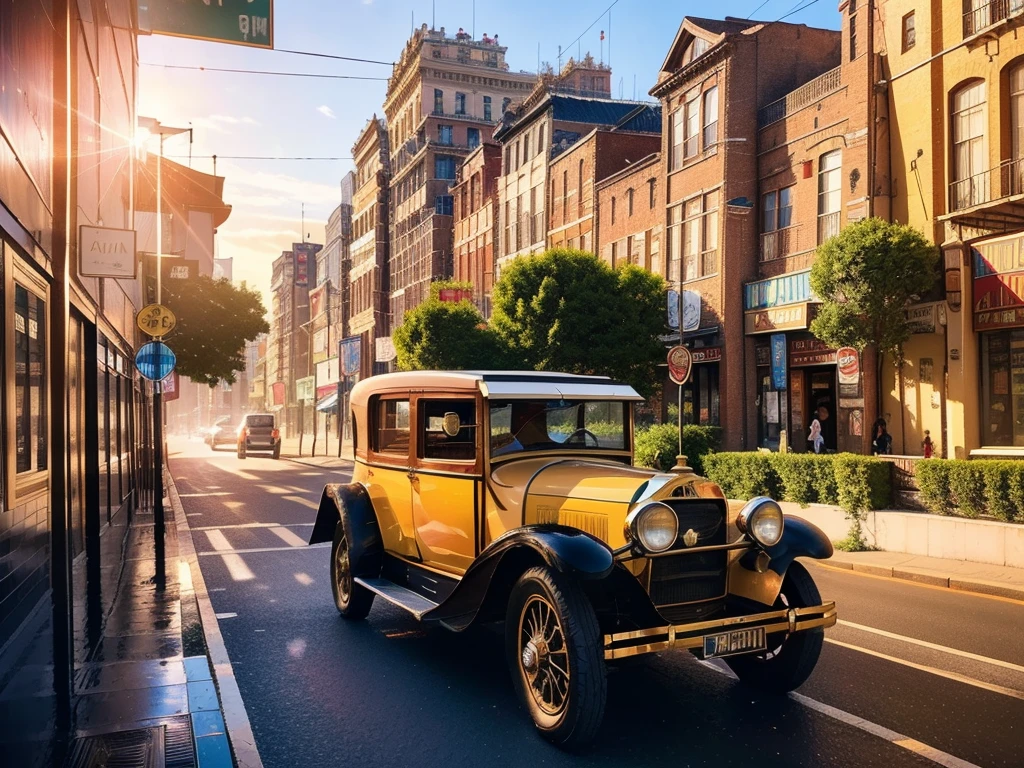 (8K, Best Quality, Masterpiece: 1.2), (Realistic illustration: 1.37), Super Detailed,(top-quality), (ultra-detailliert),High Resolution, BREAK A 1920s decopunk city at sunrise, with art deco buildings bathed in the golden light. Elegant, vintage cars cruise along the boulevards as the city awakens to a day of jazz and glamour ,(vintage cars:1.5)
