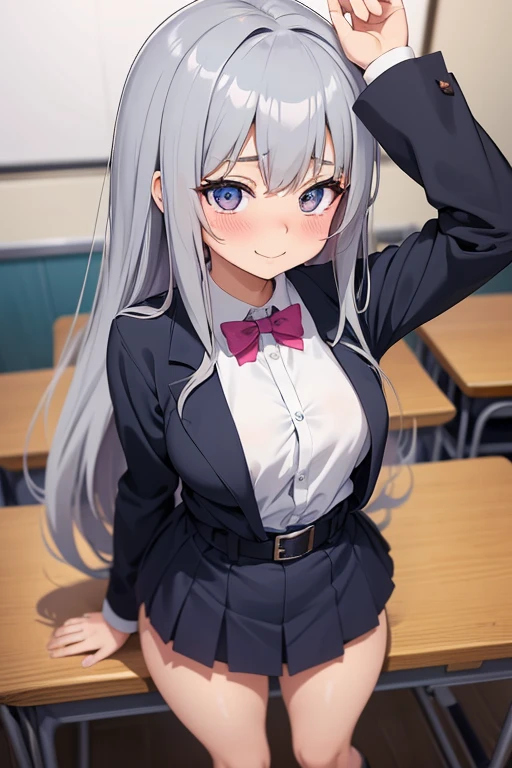 (((Spread your legs、Shooting from below、Lace panties))、(((Accentuate the crotch)))、Highest quality, 8k, masterpiece :1.3)), whole body, Sharp focus :One Girl,Glowing Skin,SSexy pose,Highest quality,Tabletop,shape,Very delicate and beautiful,Hmph,8k壁紙,wonderful,In detail,Official Art,Very detailedなティッカーUnity 8k壁紙,Incredibly ridiculous,Large file size,Very detailedな,High resolution,Very detailed,Beautiful detailed,Realistic,X-ray,The queue is full,(((Uniform Blazer、mini skirt)))、(((Big Breasts、Silver Hair)))、(((School、classroom)))、Stand upright、Cleavage , ((Long silver hair))、Uniform Blazer、Sexy pose、Hairstyle: Twin tails、both hands、