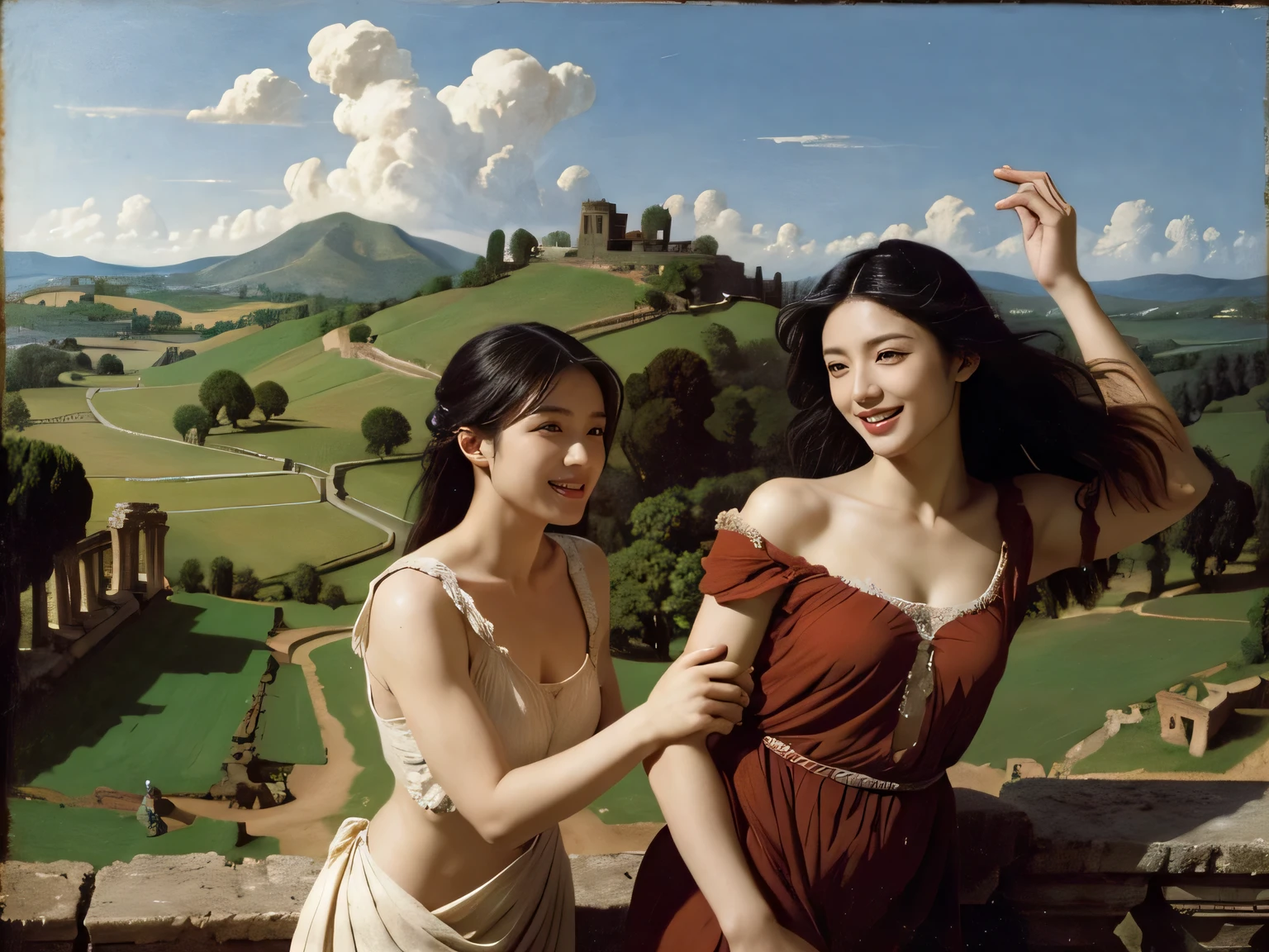 Ancient Roman ruins,Poussin-style landscape,A smile,,Sweet and seductive appearance.、Caravaggio's paintings、Chiaroscuro of Caravaggio、Hair disheveled in the wind,Two women frolicking,Cute smile, Expression of ecstasy,A sexy,Erotic