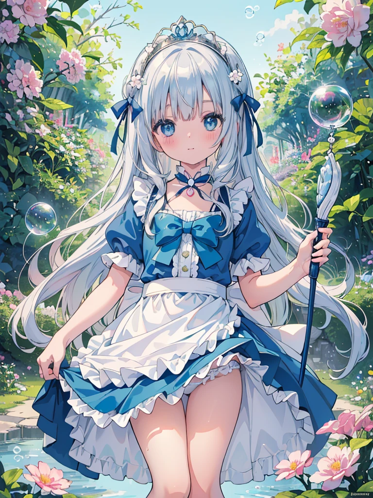 photo realistic, (masterpiece,best quality:1.4),(8k,raw photo,photo realistic:1.2),Not Safe for Work, detailed skin,detailed face,1girl,princess,Alice in Wonderland,cute face, super resolution,retro realistic details Illustration,,{{{elaborate,intricately,fantastic,delicately,tremendous,meticulous,minute,incredibly,obsessed,artisan's,subtle,virtuoso,skillful,vibrant, vivid, complex}}}, clearly focus edge, fresh natural gradation, best quality, amazing quality, very aesthetic, absurdres,
pubisure,
((checkered, frilled, layered, mini skirt,overskirt)), ((White ruffle apron)),((shiny wavy hair)), diadems, ankle boots, up-skirt, doress, (((jumping))), feet up, (frilled shirt), gothic dresses, shairband, shortsleeves, the bow hair, ((blue shairband)),(((White frilled Panties))), (((skirt-lift))), a smile, red blush, Doress, Alice (Alice in Wonderland), (cape), White frilled legwear, ((Blue the Bow)), Puffy Sleeves, Bangss, shortsleeves, ((Blue bow ribbon)), long hair, (White frilled apron), (((tiara))), (((Holding a cute magic wand))). White frilled legwear, frilld, white gothic dresses,: q, Heart necklace, ring, masterpiece, top-quality, not safe for work, , child, 12 yo, braided bangs, arm garter, baby face ,twinkle in the eye, flat chest,
yumekawa,yumekawaii,pastel color,(wonderland garden:1.3),imagination, ((soap bubbles)), heart background, (water-color),