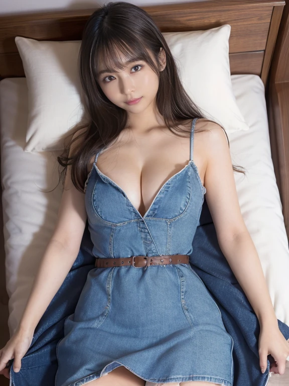 1 girl、realistic skin texture、Beautiful long hair down to the waist、hair behind ears、moist and beautiful hair、((bright smile))、stare(cleavage looks bigger)(erotic 15 year old girl、small face、very beautiful face、natural makeup)(fair skin)(Glitter eyes)Smooth skin、Realistic texture of the skin(((denim dress、Extremely mini length)) ((interior、高級ホテルのBedroom))、Bedroom、futon、、Lie、futonでsleep、Posture with head on pillow、eyes are open、beautiful armpits、round beautiful breasts、beautiful cleavage、thin waist、constriction、big ass、thin thighs、Movie Writing、reflex board、Bold and erotic pose、exciting and sensual poses、sexy、legs spread((Beautiful thighs exposed))((((Clear eyes、sleep:1))))(((((Above、Full body shot showing ankles)))))