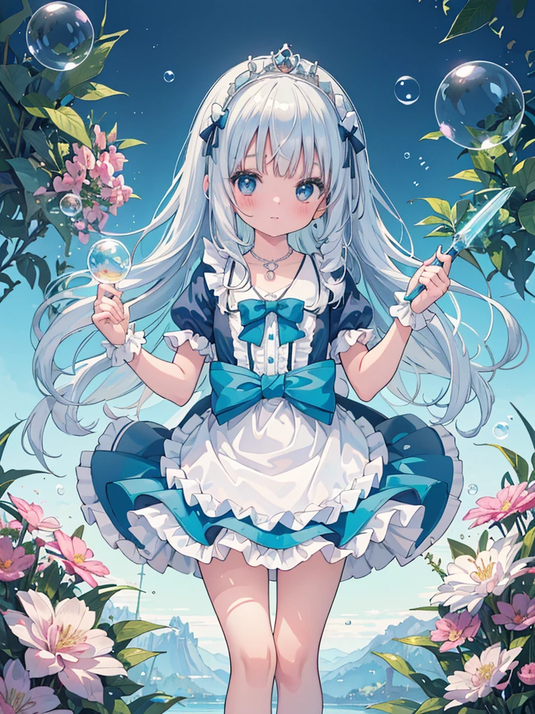 photo realistic, (masterpiece,best quality:1.4),(8k,raw photo,photo realistic:1.2),Not Safe for Work, detailed skin,detailed face,1girl,princess,Alice in Wonderland,cute face, super resolution,retro realistic details Illustration,,{{{elaborate,intricately,fantastic,delicately,tremendous,meticulous,minute,incredibly,obsessed,artisan's,subtle,virtuoso,skillful,vibrant, vivid, complex}}}, clearly focus edge, fresh natural gradation, best quality, amazing quality, very aesthetic, absurdres,
pubisure,
((checkered, frilled, layered, mini skirt,overskirt)), ((White ruffle apron)),((shiny wavy hair)), diadems, ankle boots, up-skirt, doress, (((jumping))), feet up, (frilled shirt), gothic dresses, shairband, shortsleeves, the bow hair, ((blue shairband)),(((White frilled Panties))), (((skirt-lift))), a smile, red blush, Doress, Alice (Alice in Wonderland), (cape), White frilled legwear, ((Blue the Bow)), Puffy Sleeves, Bangss, shortsleeves, ((Blue bow ribbon)), long hair, (White frilled apron), (((tiara))), (((Holding a cute magic wand))). White frilled legwear, frilld, white gothic dresses,: q, Heart necklace, ring, masterpiece, top-quality, not safe for work, Little Girl, child, 14 yo, braided bangs, arm garter, baby face ,twinkle in the eye, flat chest,
yumekawa,yumekawaii,pastel color,(wonderland garden:1.3),imagination, ((soap bubbles)), heart background, (water-color),