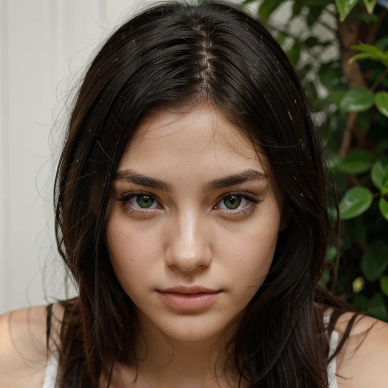 Girl's face green eyes black hair brunette skin