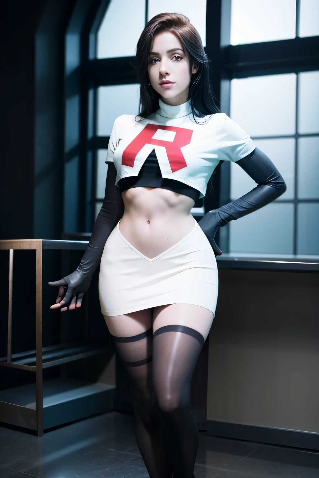 leynainu, a woman, wearing team rocket,team rocket uniform,white skirt,red letter R,crop top,black thigh-highs,black elbow gloves,