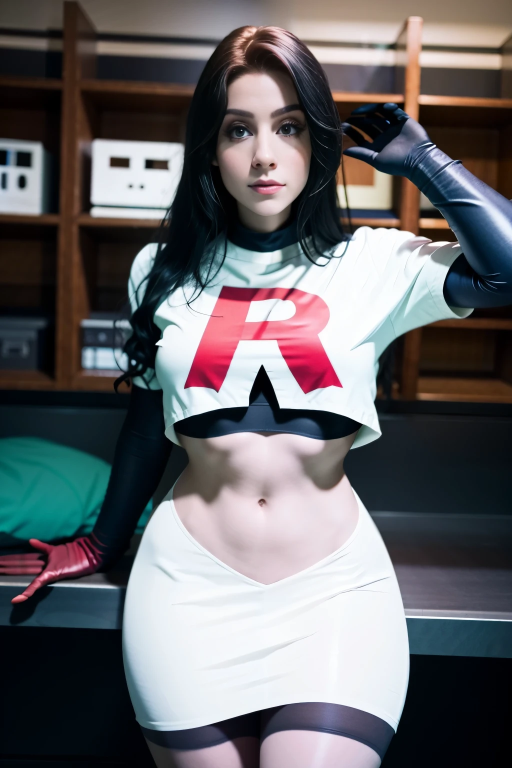 leynainu, a woman, wearing team rocket,team rocket uniform,white skirt,red letter R,crop top,black thigh-highs,black elbow gloves,