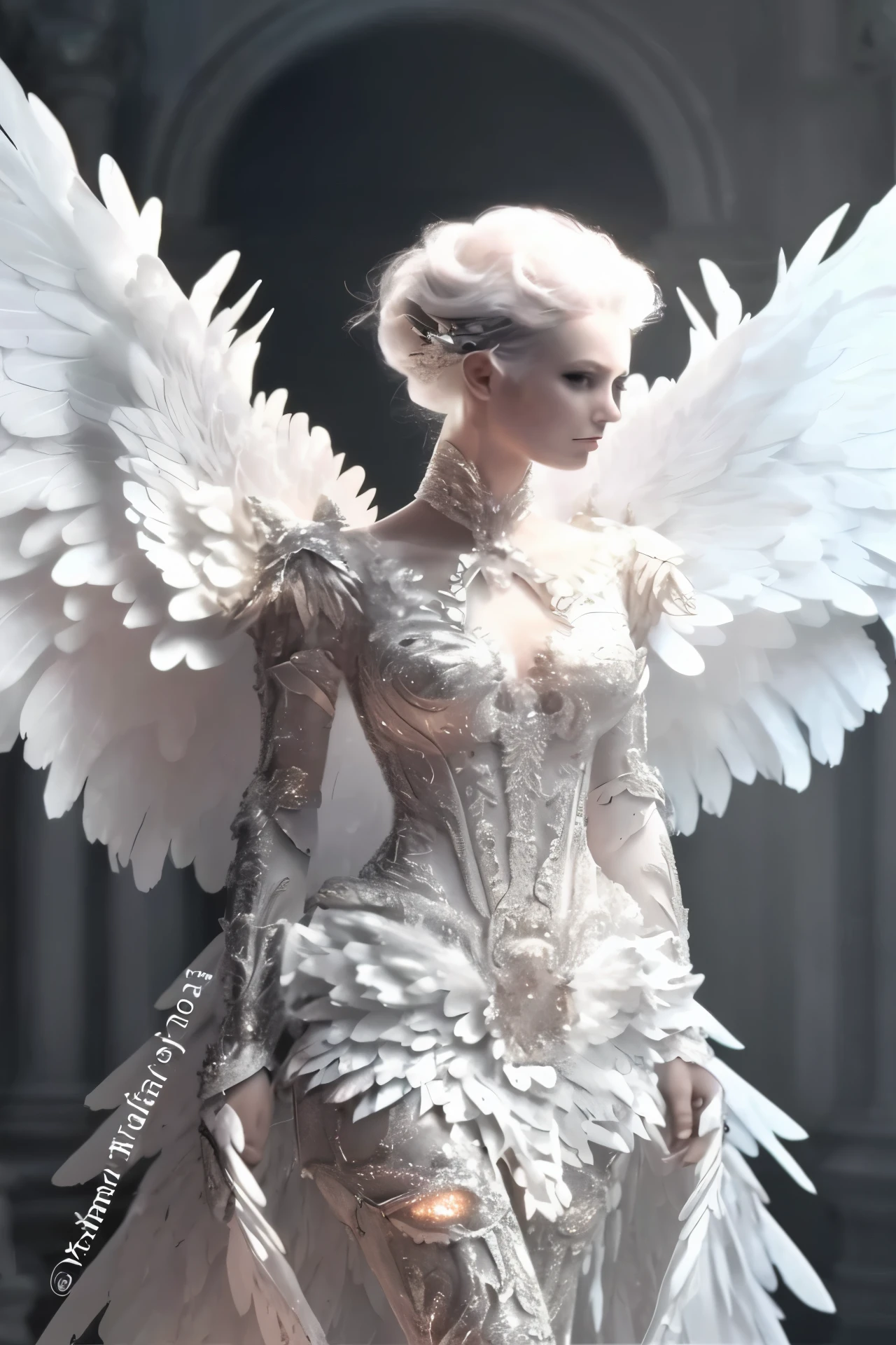 a close up of a woman in a white dress with wings, full body angel, futuristic robot angel, magnificent angel wings, angel knight gothic girl, angel in plastic armor, intricate costume design, as a mysterious valkyrie, whole body made of white feathers,, futuristic and fantastic, white wings, beautiful angelic wings, steampunk angel, beautiful cyborg angel girl, graceful wings