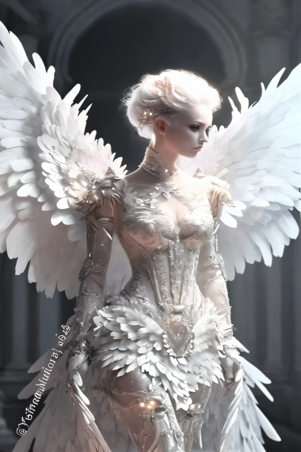 a close up of a woman in a white dress with wings, full body angel, futuristic robot angel, magnificent angel wings, angel knight gothic girl, angel in plastic armor, intricate costume design, as a mysterious valkyrie, whole body made of white feathers,, futuristic and fantastic, white wings, beautiful angelic wings, steampunk angel, beautiful cyborg angel girl, graceful wings