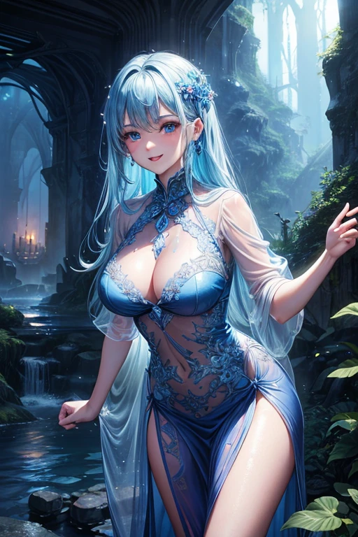 (highest quality, 8K, 32K, masterpiece, UHD: 1.3), 1 female, (Oversized: 1.3), perfect figure, super detailed face, detailed lips, fine eyes, (attractive), ((excited: 1.5)), (Sheer skin)) 、((((Transparent see-through dress))))、see-through dresses、lace sheer dress、Transparent dress、Sheer skin、Transparent dressを着た美しい裸の女性、solo、best style、big breasts、The most beautiful in the world、unparalleled beauty、long hair、 Indigo forest, Empty bathhouse hidden in a cave,、beautiful render of a fairytale, magical atmosphere + masterpiece, so magical and dreamy, magical colors and atmosphere, Blue lighting. fantasy, fantasy gorgeous lighting, concept art stunning atmosphere, magical environment, magical blue color and atmosphere, beautiful concept art, dark majestic ornate great hall, inside the palace、blue water辺、blue water、blue reflection、Cyan color、get wet in blue water、Blue light、Blue Grotto、Blue World