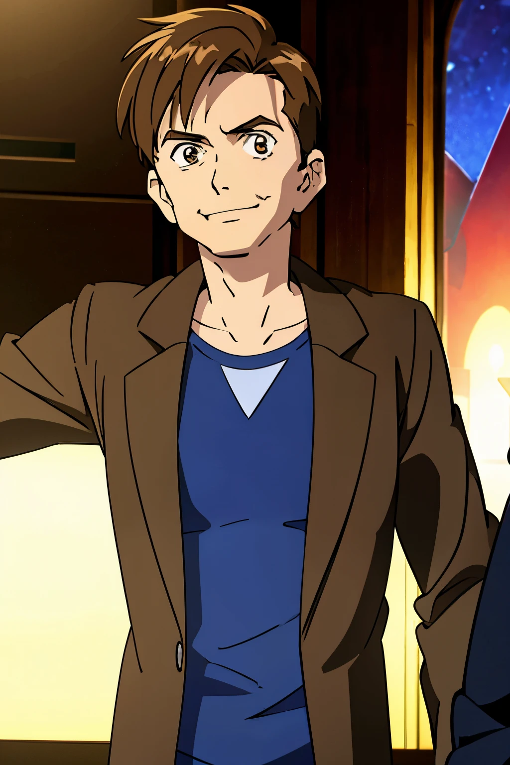 masterpiece, anime screencap,best quality, ultra high res, 1boy, headbust, brown_jacket, David tennant, smile, 16k, ben10